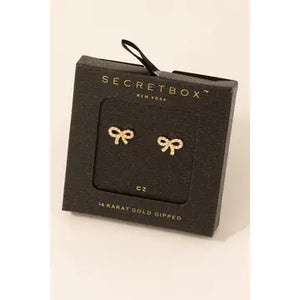 Secret Box Gold Dipped Mini Cz Pave Ribbon Bow Stud Earrings