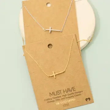 Gold Dipped Side Cross Pendant Necklace