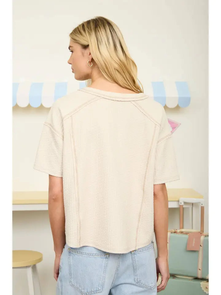 Textured Knit Short Sleeve Henley Knit Top