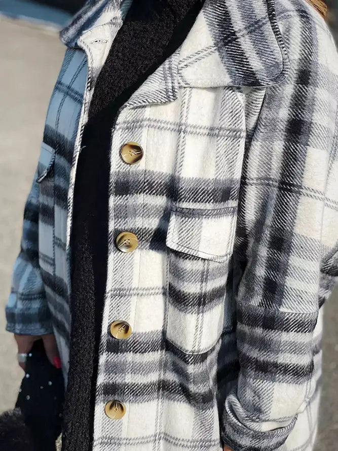 Plaid Lapel Button Shacket with Pockets