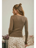 Button Front Long Sleeve Knit Top Brown