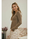 Button Front Long Sleeve Knit Top Brown