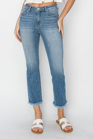 Mid Rise Raw Hem Straight Leg Jean