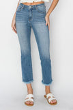 Mid Rise Raw Hem Straight Leg Jean