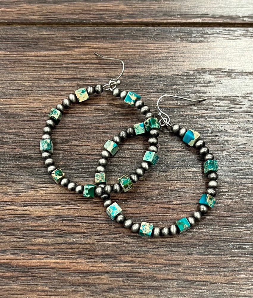 Navajo Pearl, Square Gemstone 45mm Hoop Earrings