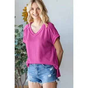 V Neck Solid Magenta Ribbed Top