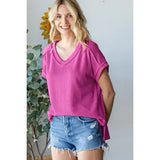 V Neck Solid Magenta Ribbed Top