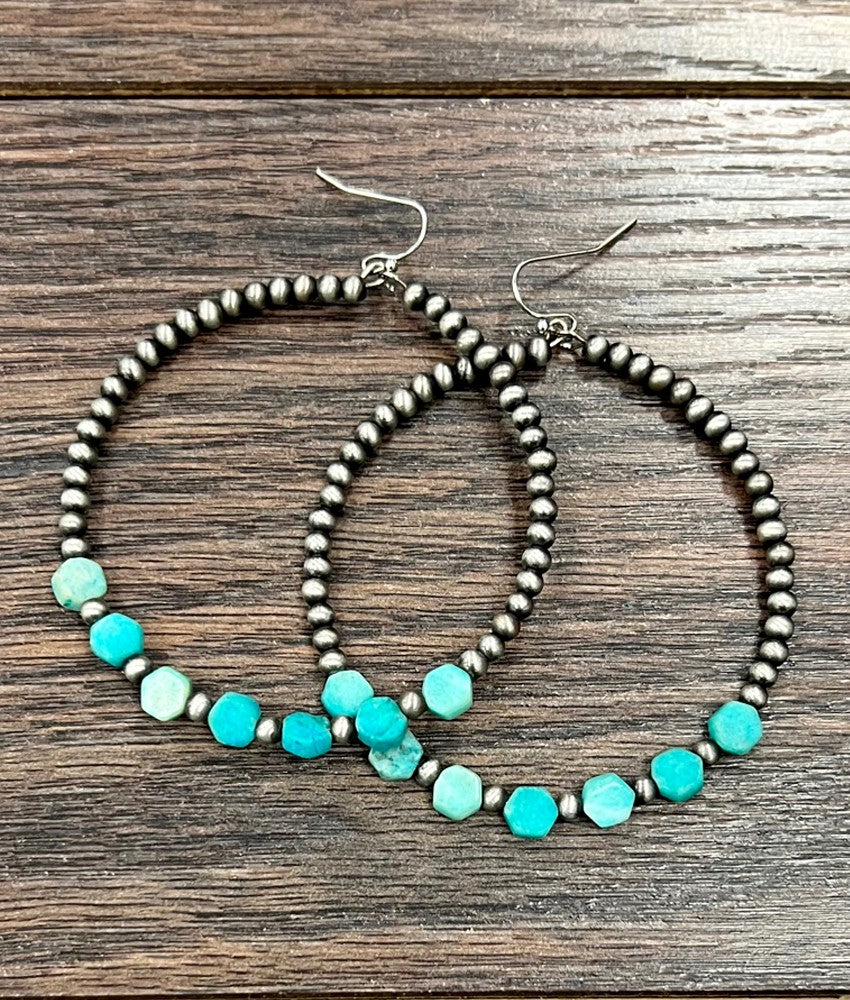 2.5" Long Gemstone & 4mm Navajo Pearl, 65mm Hoop Earrings