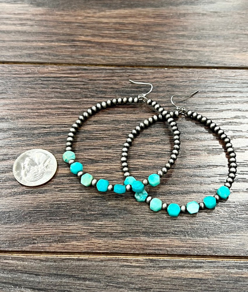 2.5" Long Gemstone & 4mm Navajo Pearl, 65mm Hoop Earrings