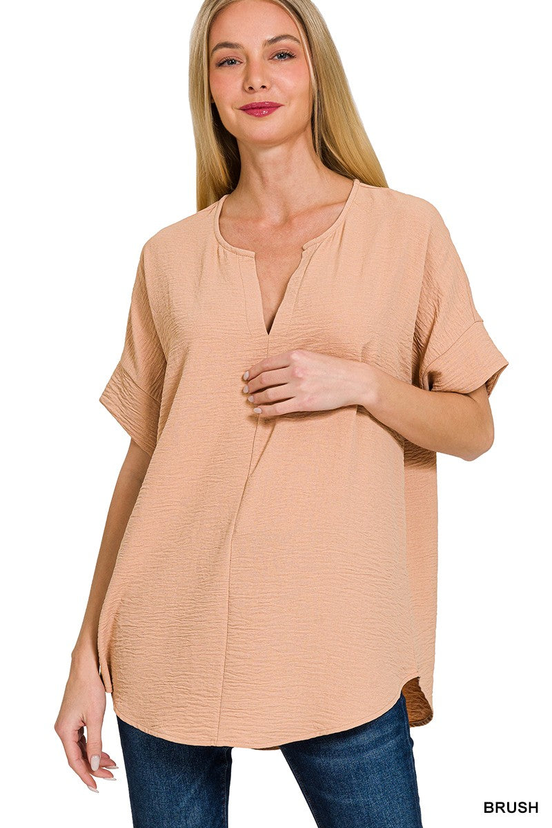 Split Neck Short Sleeve Top Brush