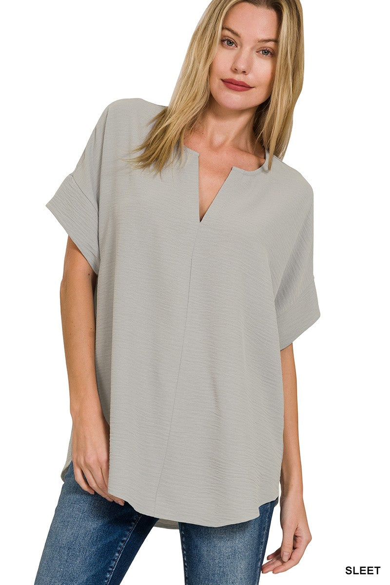 Split Neck Short Sleeve Top Grey