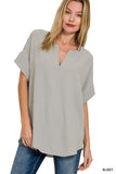 Split Neck Short Sleeve Top Grey