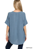 Split Neck Short Sleeve Top Blue