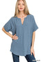 Split Neck Short Sleeve Top Blue