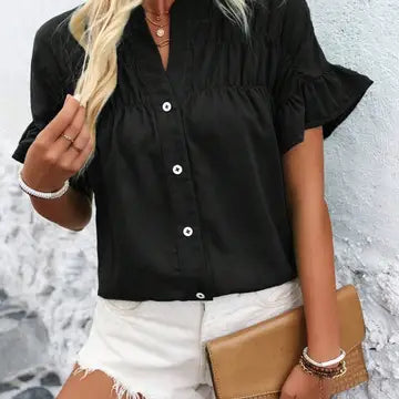 Pleated Button Down Collar Top Black