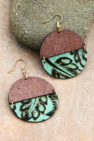 Wood and Turquoise Leather Drop Earrings
