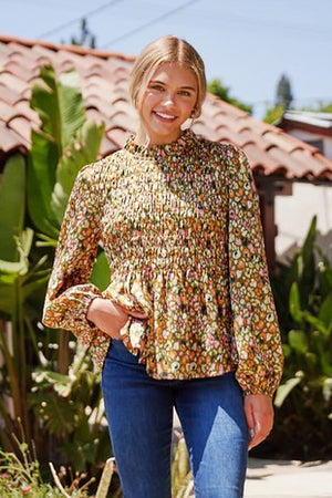 Satin Print Smocked Bodice Baby Doll Top