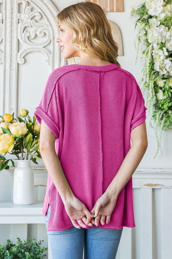 Solid Rib Drop Shoulder Top Pink