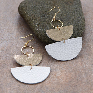 White and Gold Leather Drop Earrings
