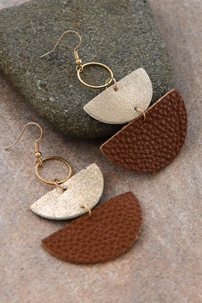 Brown and Gold Leather Drop Earrings