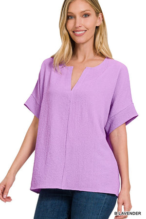 Woven Bubble Split Neck Top