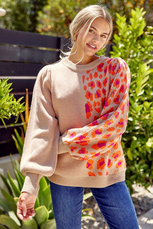 Colorblock Leopard Print Knit Pullover