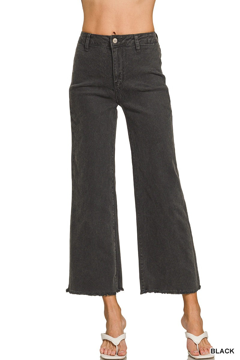 Acid Washed Frayed Hem Straight Pants Black