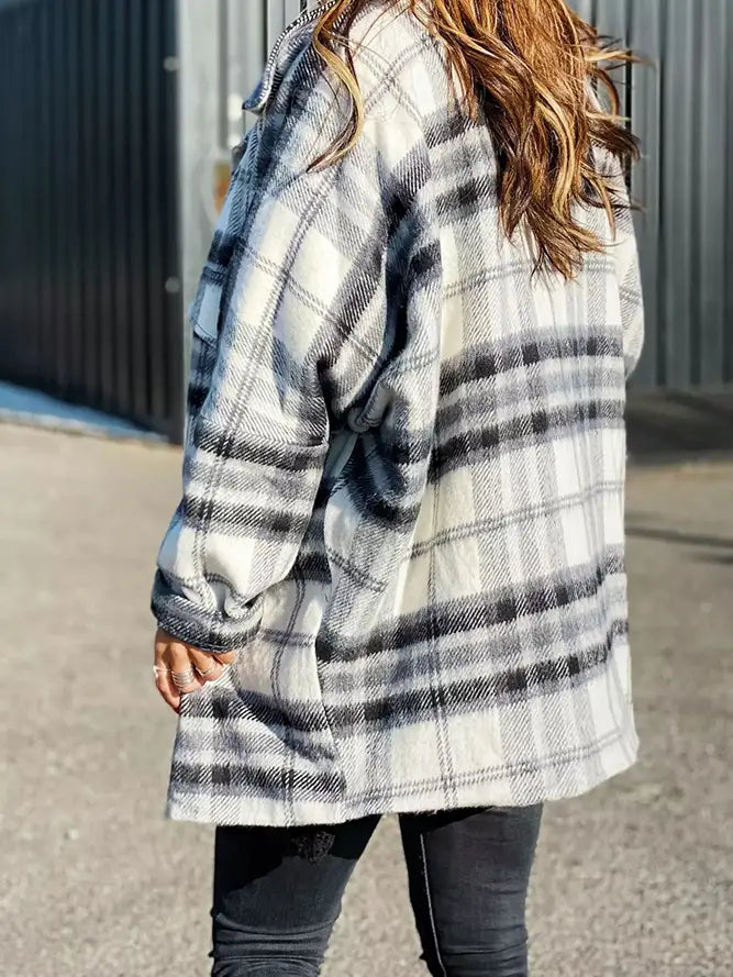 Plaid Lapel Button Shacket with Pockets
