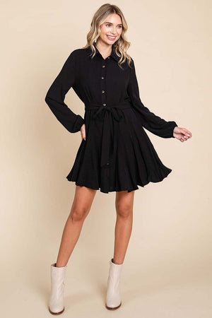 Button Up Long Sleeve Belted Pleated Shirt Dress