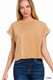 Washed Cotton Cuffed Short Sleeve Top