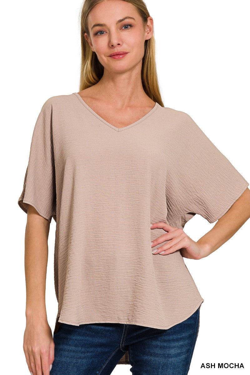 Woven Airflow V-neck Short Sleeve Top Mocha