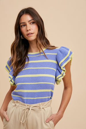 Striped Ruffle Sleeve Sweater Top