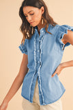 Button Front Ruffled Flutter Frayed Denim Top