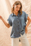 Hi Low Button Up Denim Frayed Top