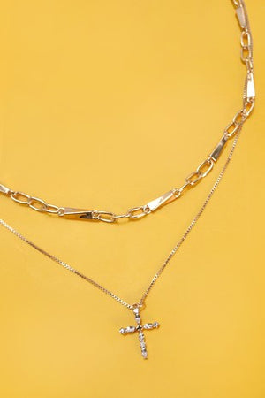 Rhinestone Cross Chain Double Row Necklace