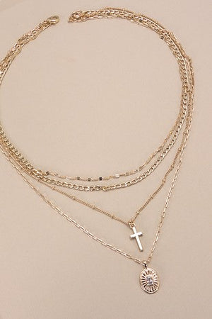 Multi Layer Cross Oval Charm Necklace