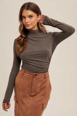 Mock Neck Ruched Long Sleeve Top