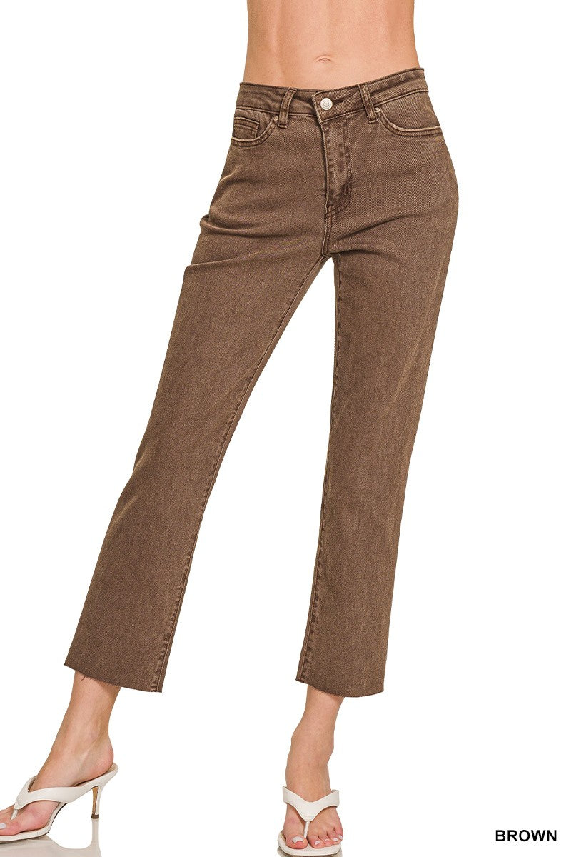 Brown Acid Wash Cropped Pants