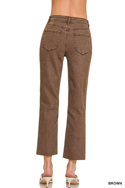 Brown Acid Wash Cropped Pants