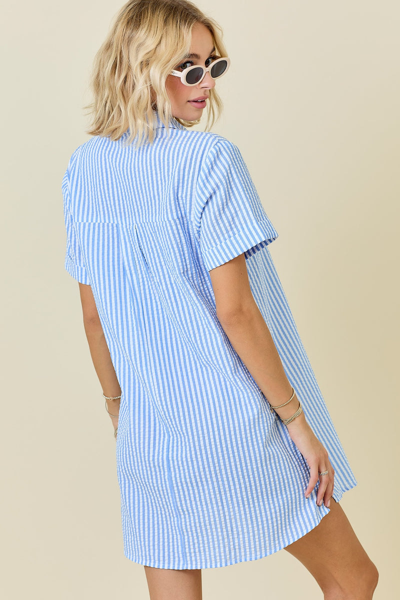 Striped Seersucker Easy Shirt Dress W/ Pockets