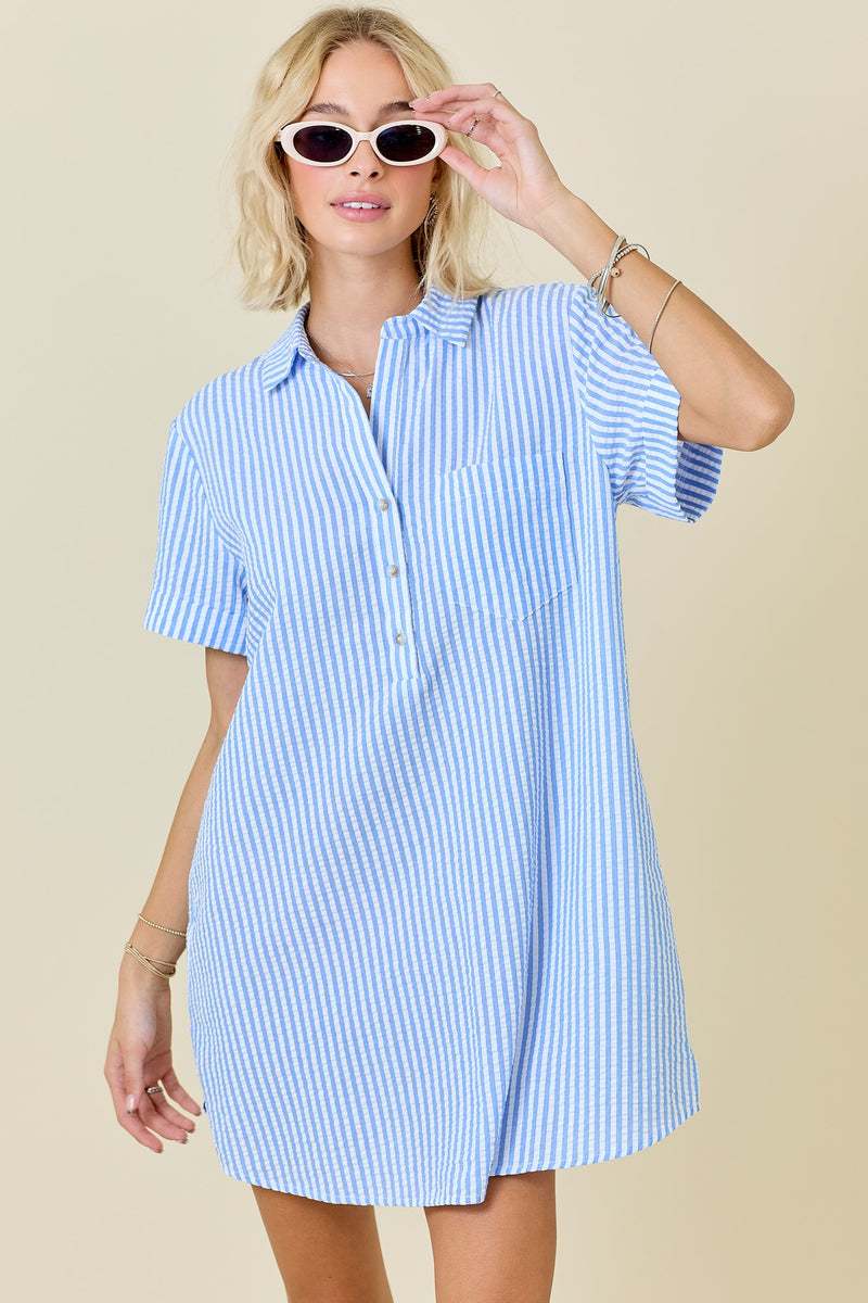 Striped Seersucker Easy Shirt Dress W/ Pockets