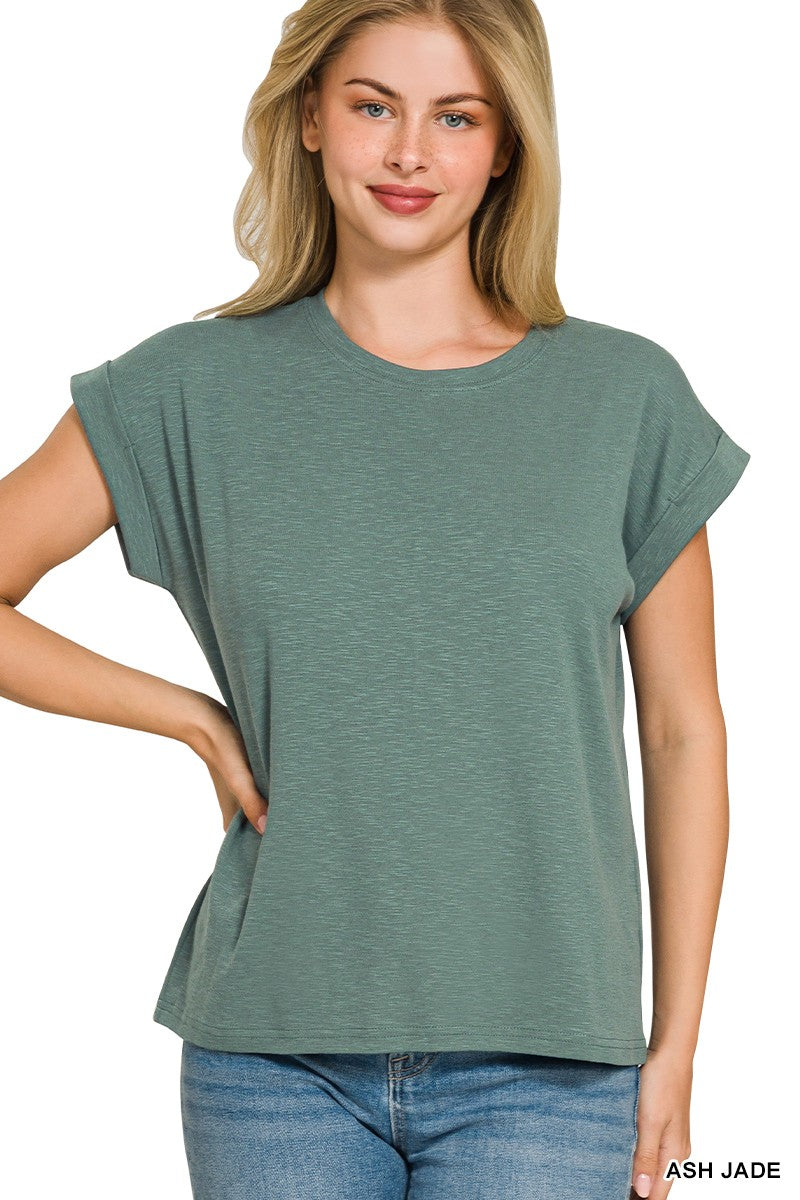 Cotton  Rolled Sleeve Tee Jade