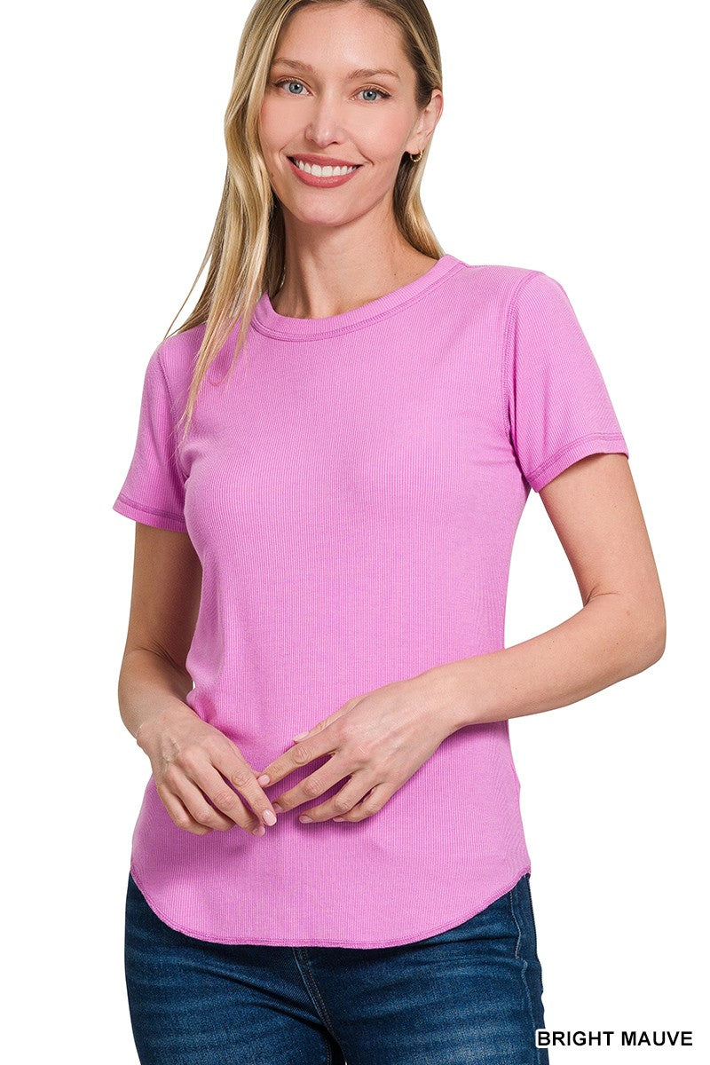 Ribbed Curved Hem Tee Mauve