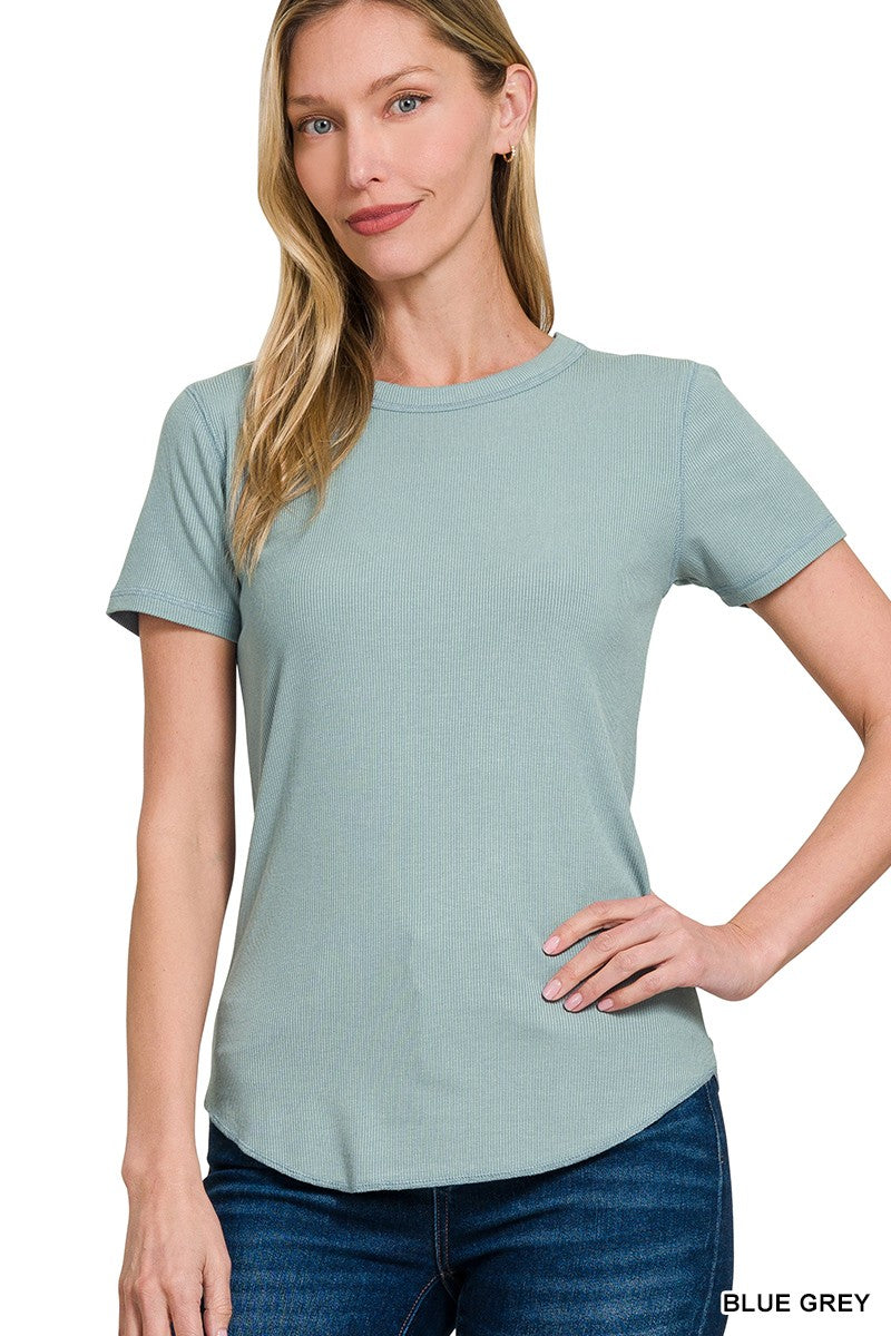Ribbed Curved Hem Tee Blue/Grey