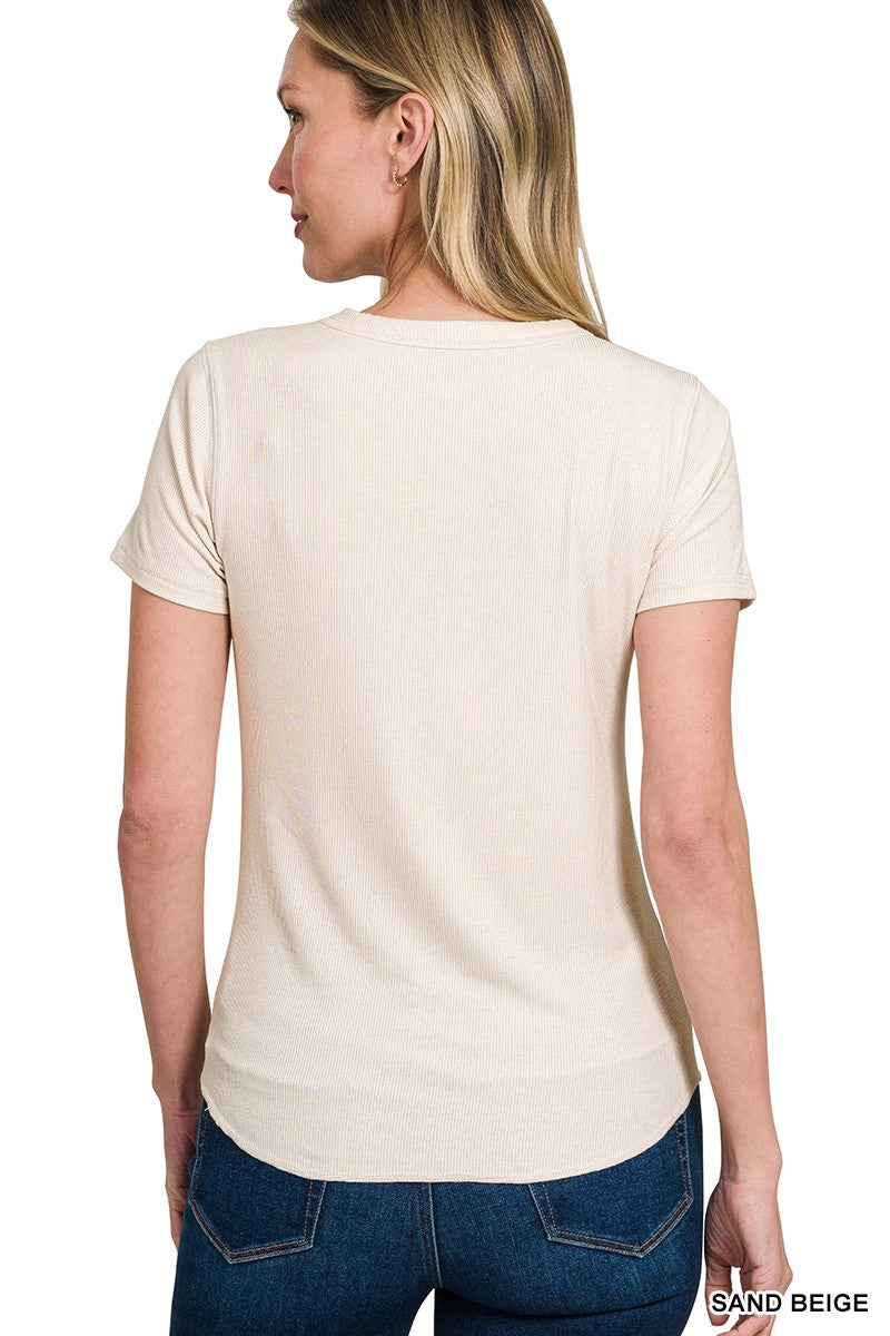 Ribbed Curved Hem Tee Beige