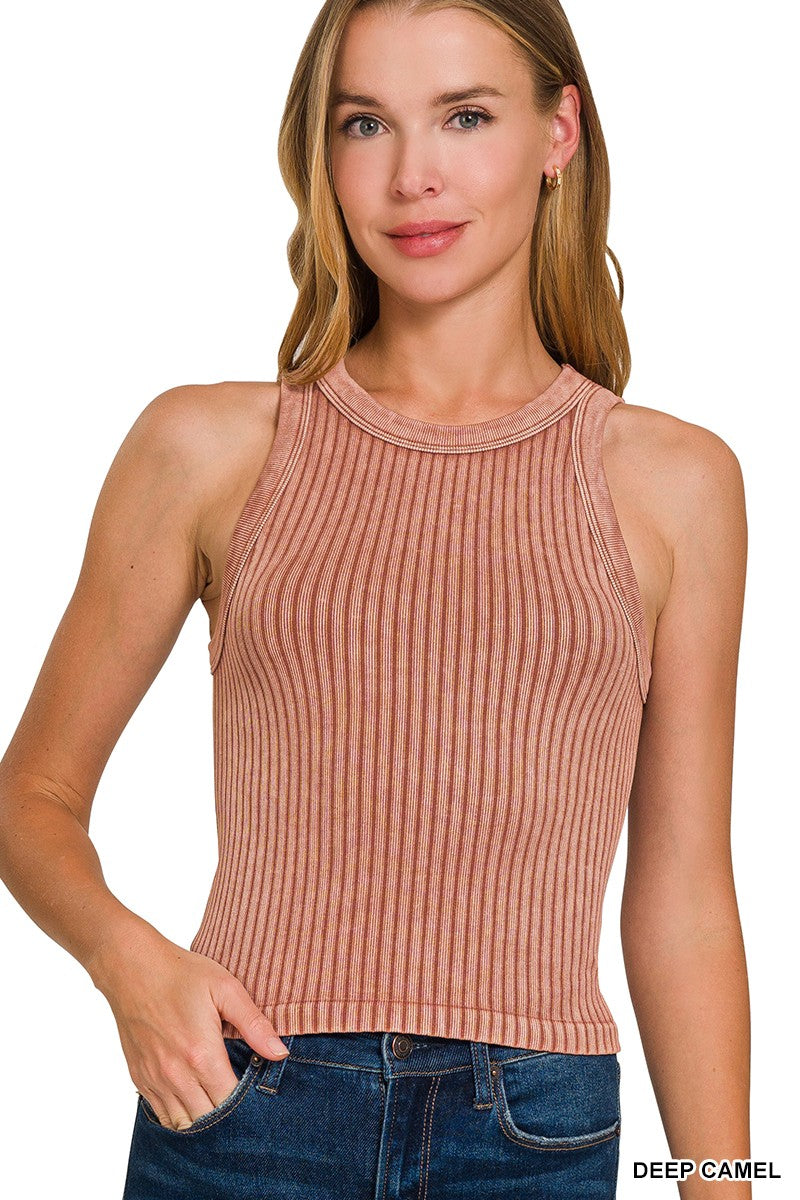 Ribbed Washed Seamless Tank Camel