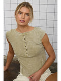 Washed Exposed Seam Henley Ribbed Knit Top