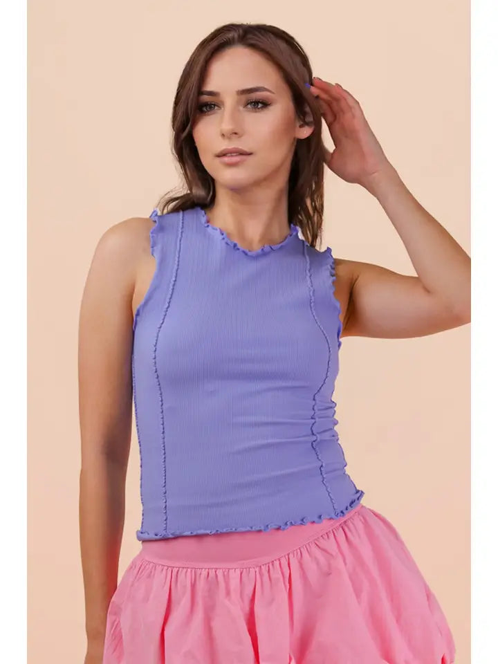 Lettuce Hem Casual Fitted Knit Top Blue