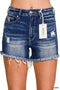 Dark Washed Raw Frayed Hem Denim Shorts