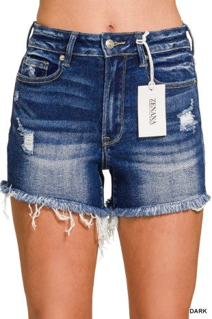 Dark Washed Raw Frayed Hem Denim Shorts